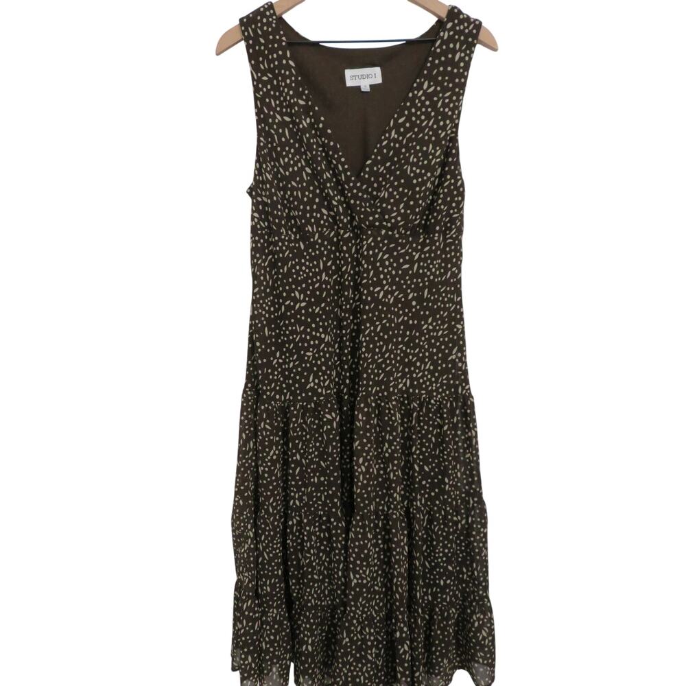 Studio 1 Women Sz 16 Brown Abstract Speckled Sleeveless V Neck Midi Dress Retro